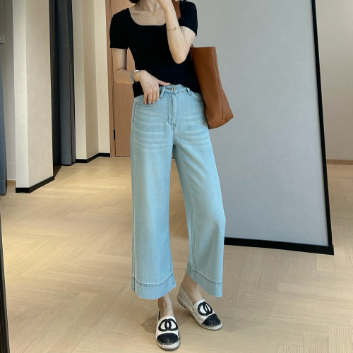 WTHEONE夏日薄款天丝牛仔裤高腰九分显瘦百搭小直筒阔腿裤小个子