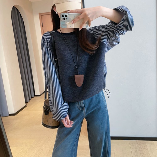 休闲松弛感条纹拼接袖宽松显瘦圆领套头假两件卫衣女2026秋冬新款