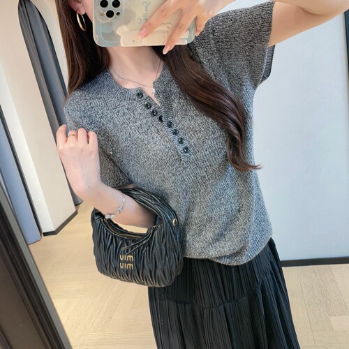 WTHEONE松弛时髦亨利领针织衫凉感舒适显瘦天丝短袖T恤女2026新款