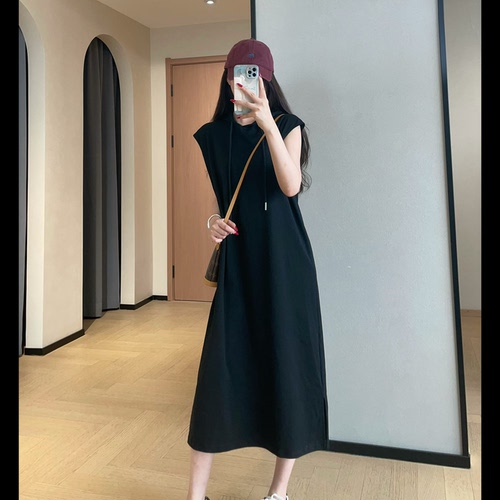WTHEONE韩系慵懒连帽无袖T恤连衣裙宽松显瘦休闲背心裙女2026新款
