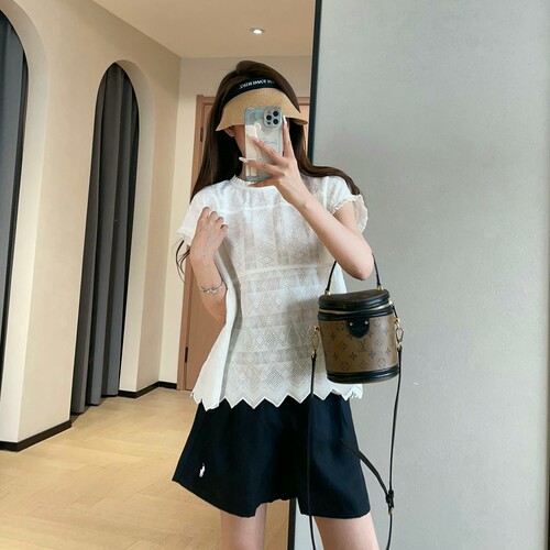 WTHEONE法式蕾丝刺绣木耳边圆领衬衫纯棉小飞袖上衣女2026新款夏