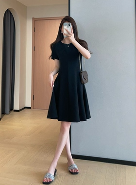 WTHEONE柜上3000+TH家醋酸小黑裙收腰显瘦中长款短袖连衣裙女夏季