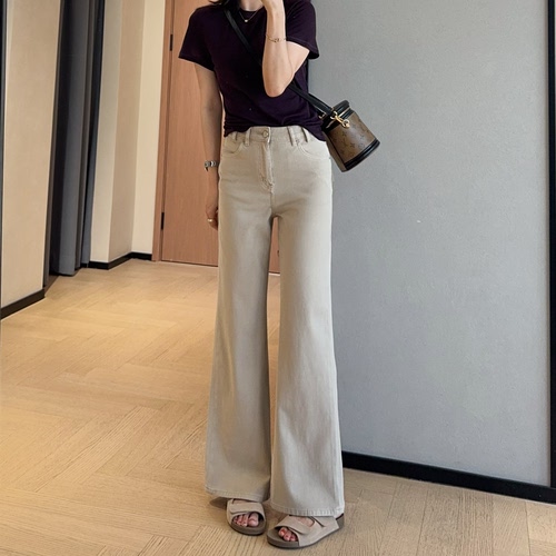 WTHEONE复古时髦拿铁色四面弹高腰显瘦直筒微喇牛仔裤女春夏薄款