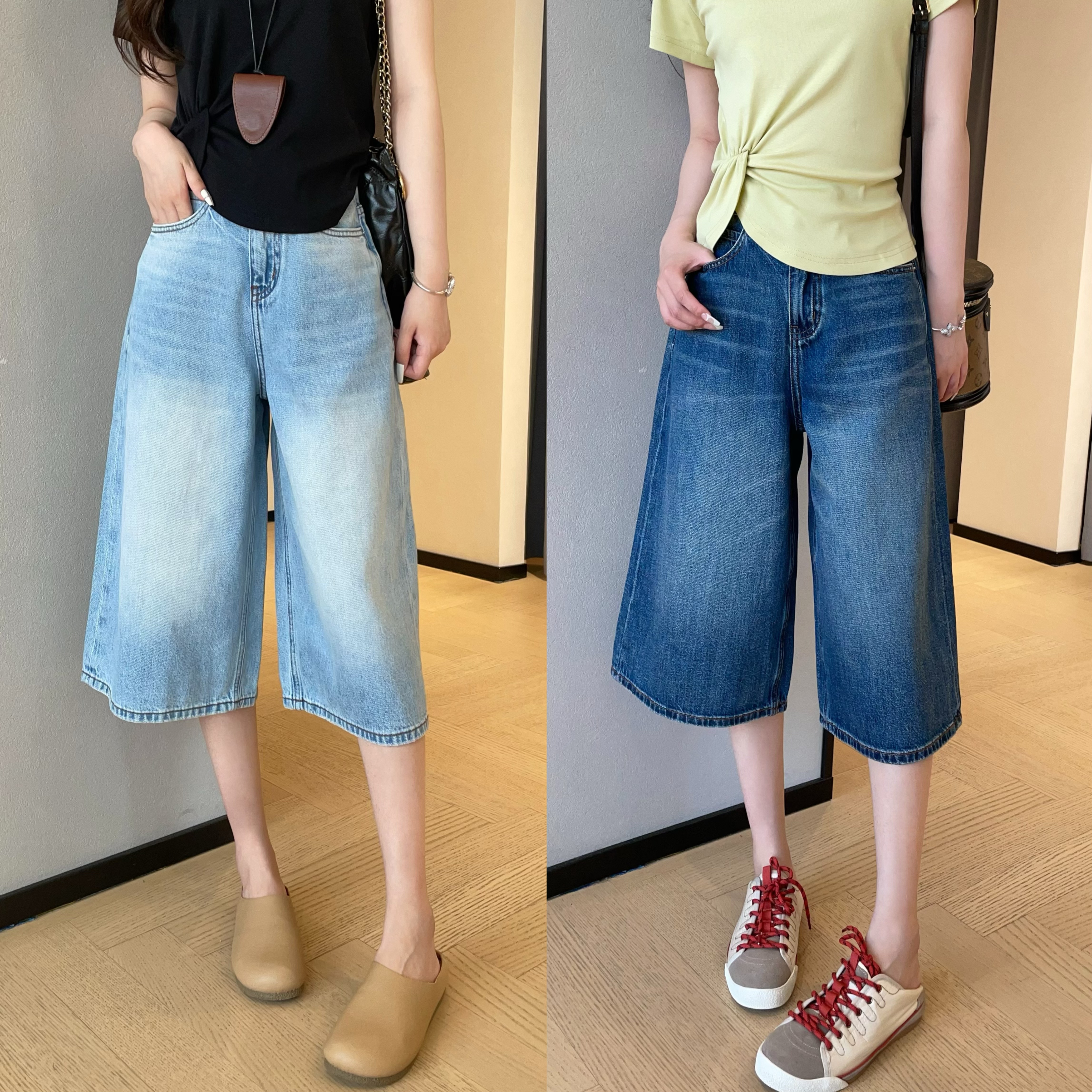 WTHEONE高品质长绒棉石磨水洗小个子高腰阔腿牛仔中裤女2026夏新