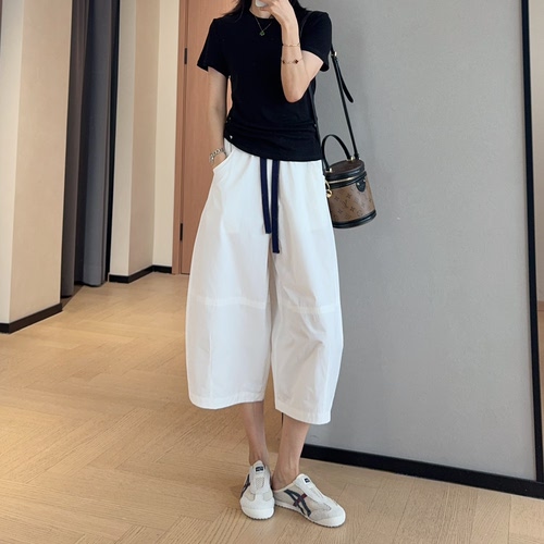 WTHEONE纯棉立体拼接宽松显瘦高腰小个子八分阔腿休闲空气裤女夏