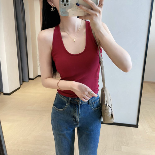 WTHEONE巨显白穿出直角肩针织棉挂脖式U领背心自带胸垫运动打底衫