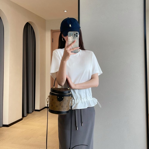 WTHEONE温柔甜美木耳边抽绳下摆A字伞摆结构短袖T恤女2026新款夏