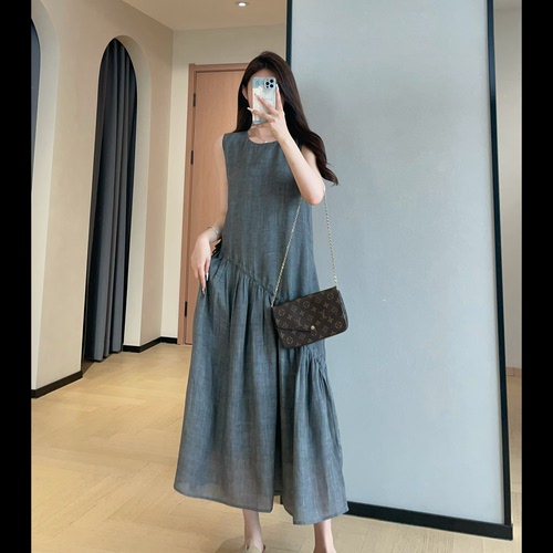 WTHEONE松弛感斜裁苎麻背心裙宽松显瘦长款无袖连衣裙女2026新款
