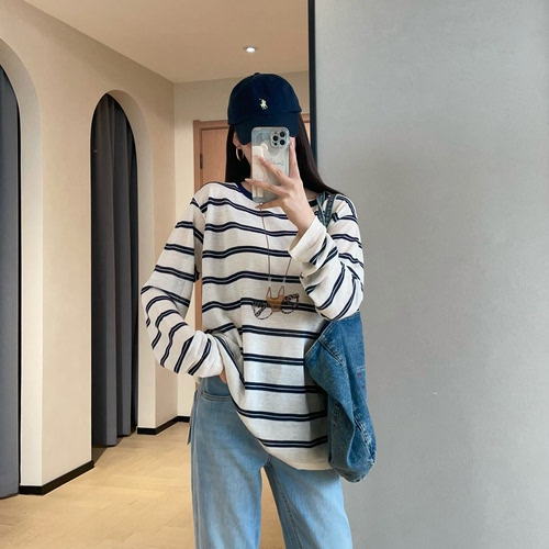 WTHEONE慵懒范凉爽舒适亚麻防晒罩衫宽松条纹长袖T恤女2026新款夏