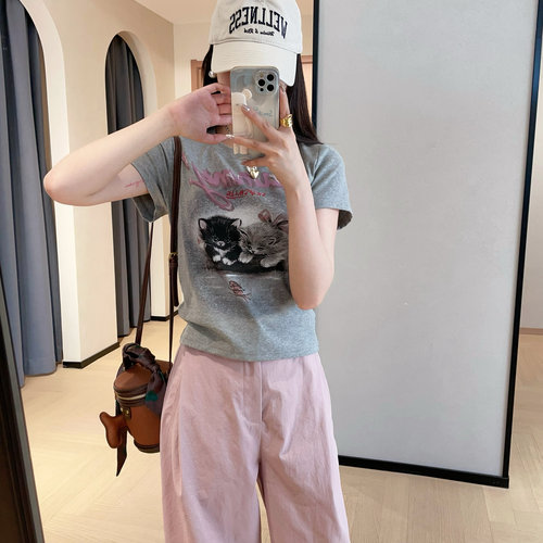 WTHEONE治愈可爱猫咪印花圆领短袖T恤女正肩修身显瘦打底上衣春夏
