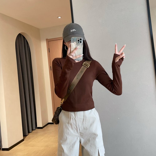 WTHEONElu家同款华夫格无缝一体修身显瘦小个子短款长袖T恤女2025