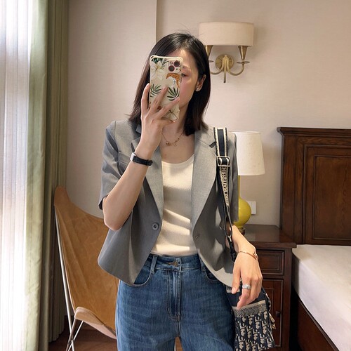 WTHEONE清仓福利轻薄透气真丝天丝面料防晒短袖西装外套女夏季