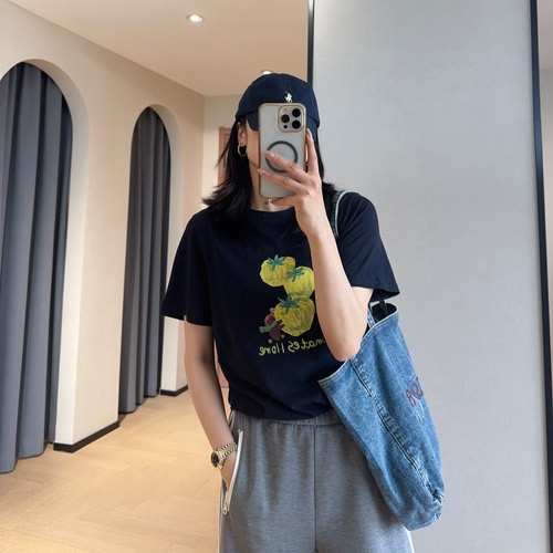 治愈系手绘番茄图案竹节棉短袖t