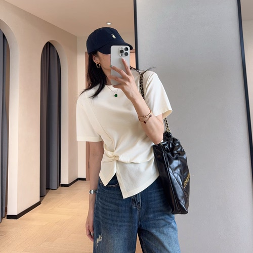 WTHEONE设计感扭结开叉收腰显瘦凉感醋酸天丝短袖T恤女2026新款夏