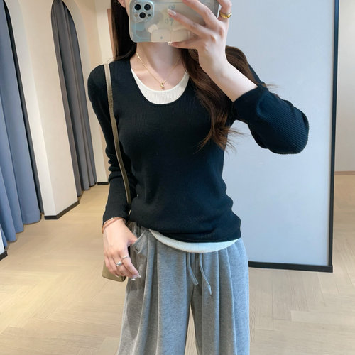 WTHEONE小众设计感假两件圆领羊毛针织衫高弹力打底上衣女秋冬新