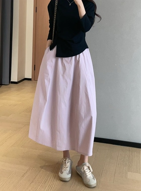 WTHEONE山系休闲速干轻薄工装半身裙中长款纯色花苞裙女2026新款