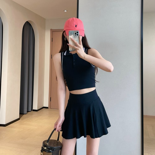 WTHEONE带胸垫无袖短款翻领上衣防走光A字短裙运动休闲网球套装女