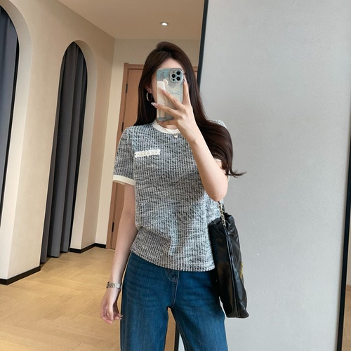 WTHEONE珍珠胸袋小香风短袖温柔撞色圆领针织T恤女春夏新款上衣