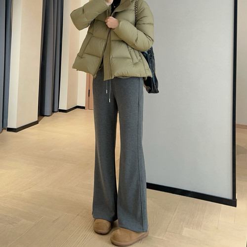 WTHEO显瘦神裤 lu家加厚加绒婴儿绒灰色松紧腰微喇裤女2025秋冬新