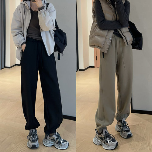 WTHEONE百搭神裤加绒加厚一条过冬束口裤高腰运动休闲裤女2025冬