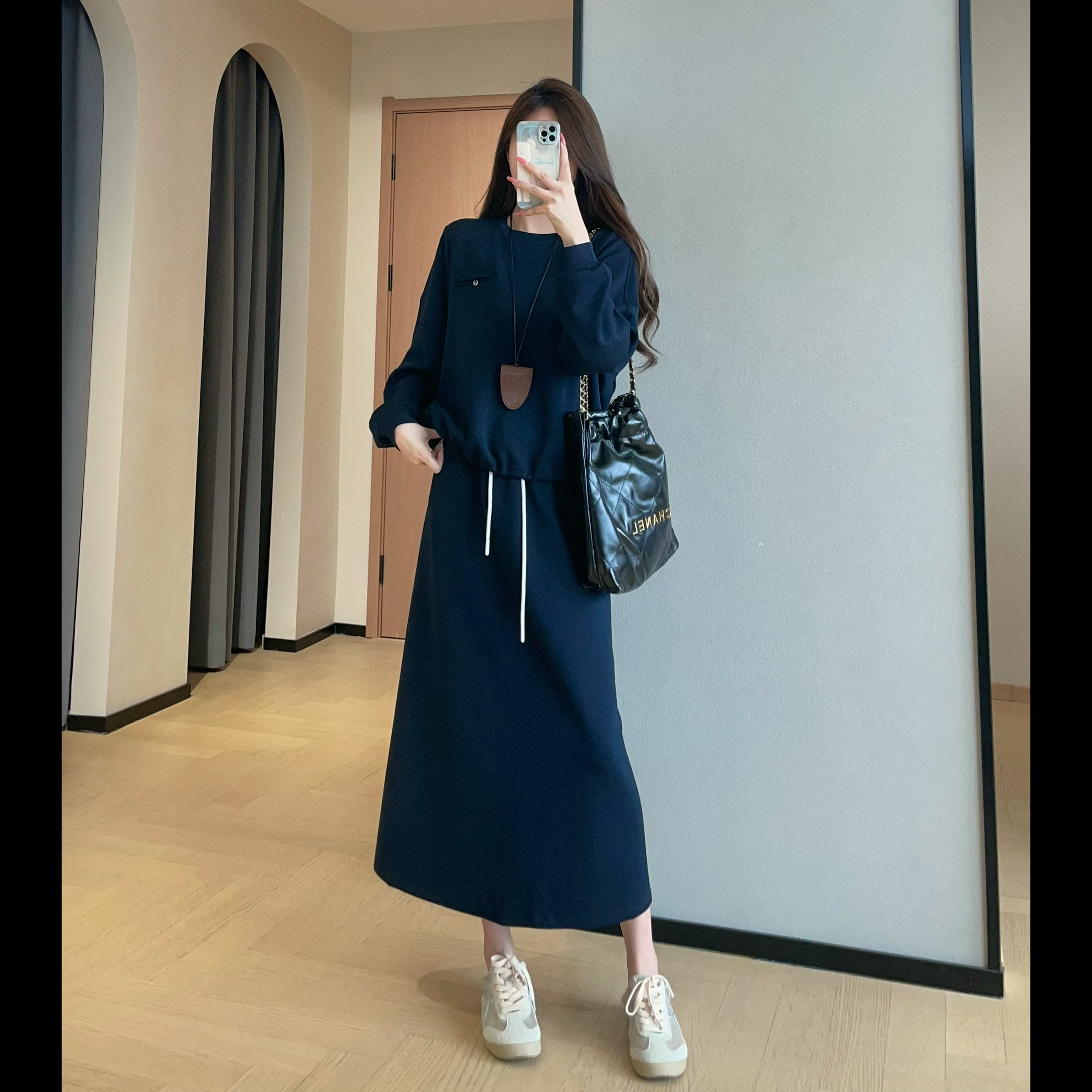 高品天丝棉懒人套装宽松圆领卫衣中长款半身裙两件套女2026秋新款