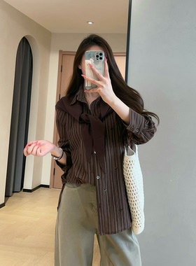 氛围感可拆卸针织披肩宽松显瘦竖条纹翻领衬衫两件套女2026秋新款