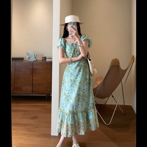 WTHEONE巨显白薄荷曼波碎花裙中长款天丝方领连衣裙女2026新款夏