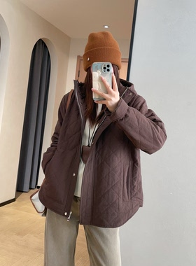 老钱风羊毛填充菱形连帽棉衣外套