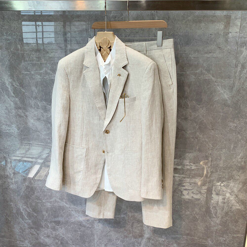 新款亚麻修身高级感小西装外套男大码韩版休闲西服套装时尚春夏款