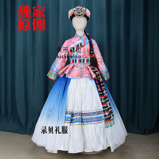 快乐阳光女童红色摩梭族演出服长裙歌曲摩梭甲蹉蹉火塘边礼服出租