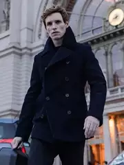 Jackal-Style Double-Breasted 100% Wool Navy Coat Peacoat, Thickened Mid-Length Men's Woolen Overcoat