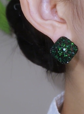 绿色满钻水晶耳环女韩国气质新款复古耳饰高级感精致时尚耳钉银针