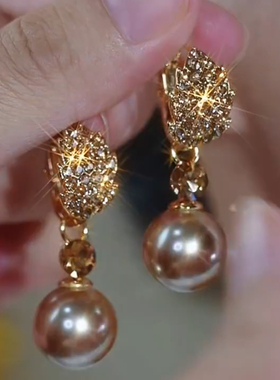 轻奢紫色满钻树叶珍珠耳环女2024新款小众设计高级感耳扣气质耳饰