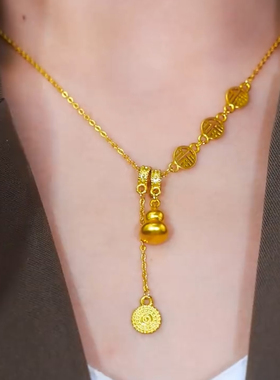 金色新中式葫芦项链女轻奢小众国风气质福牌流苏锁骨链