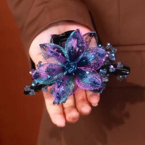 高端系列发夹女蓝玫瑰盘发抓夹手工编织铜丝花朵鲨鱼夹头饰