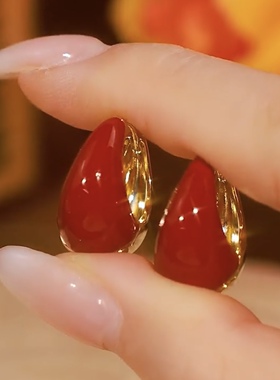 法式复古滴釉红色水滴耳扣女轻奢高级感耳环气质耳钉秋冬百搭耳饰