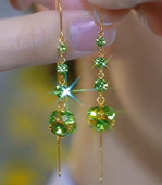 耳环气质长款 设计感绿色锆石钻球流苏耳线20y24新款 爆款 防丢耳饰