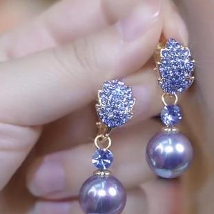 轻奢紫色满钻树叶珍珠耳环女2024新款小众设计高级感耳扣气质耳饰