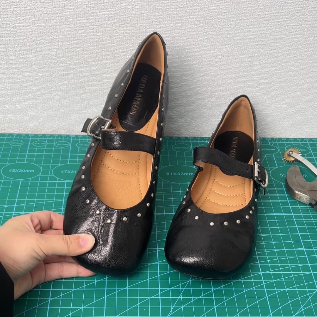 RubyL/1cm法式复古铆钉玛丽珍鞋女羊皮一字带扣平底芭蕾舞鞋单鞋