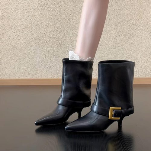 尖头短靴牛皮细高跟裤管靴女靴