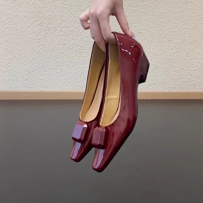 法式方头牛皮粗跟玛丽珍百搭高级