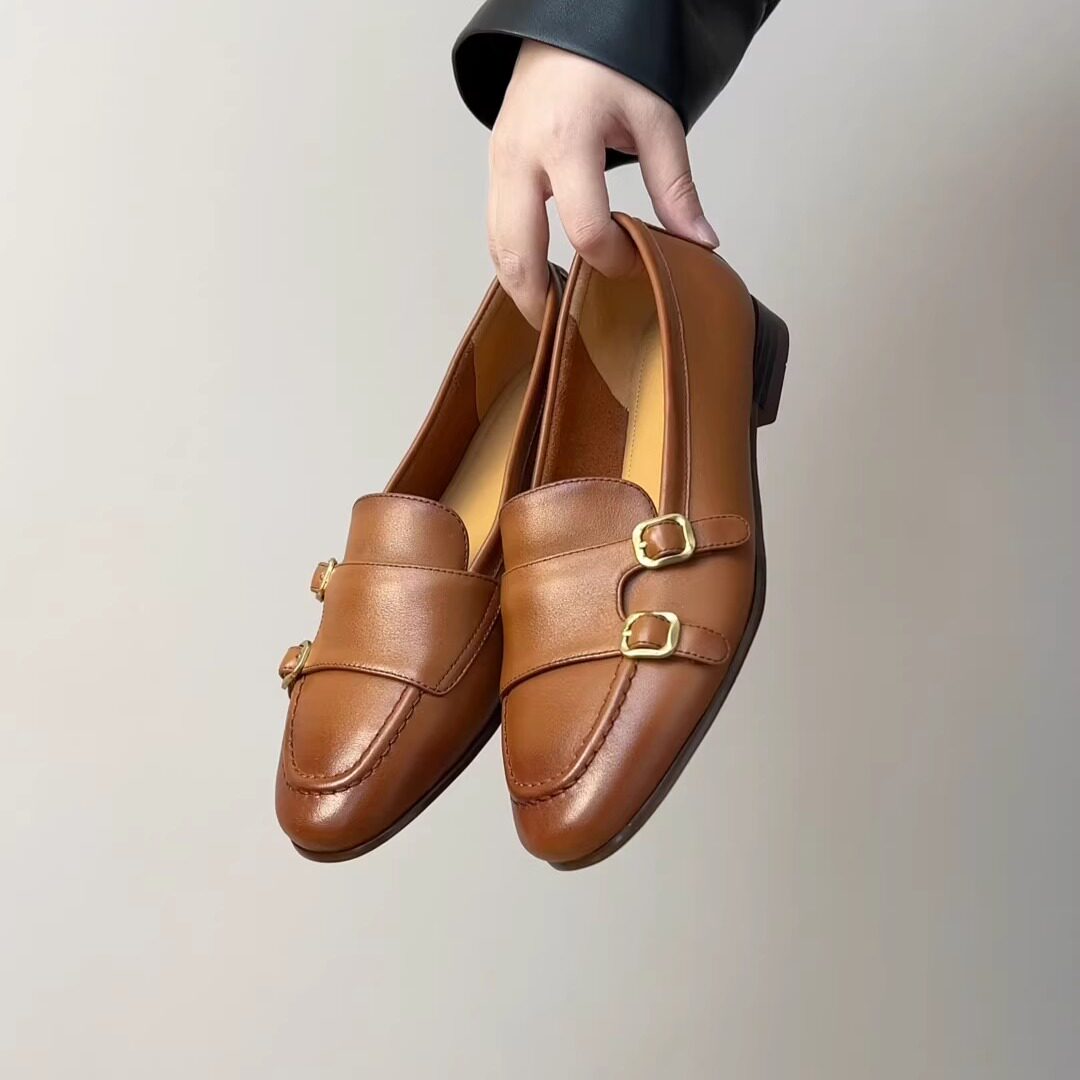 RubyL/2cm复古牛皮双搭扣乐福鞋女平底舒适通勤老钱风单鞋时尚