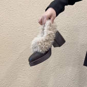 RubyL 女款 7cm显腿长高跟单鞋 复古牛皮圆头羊羔毛保暖毛毛乐福鞋