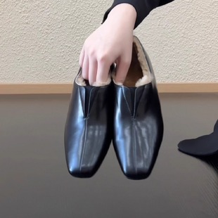 RubyL/4.5cm方头牛皮乐福鞋女加绒豆豆鞋百搭懒人鞋时尚内增高