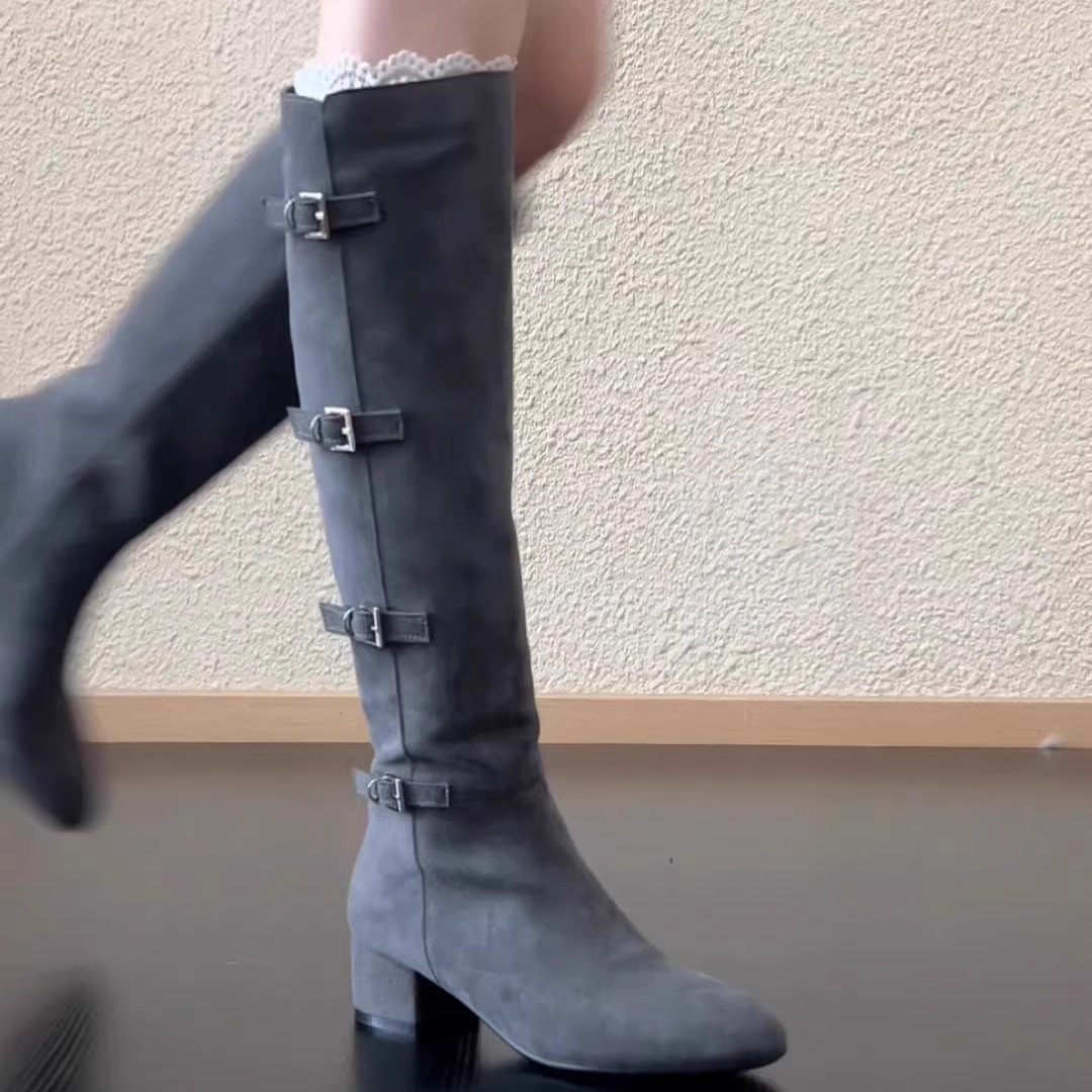 圆头皮带扣粗跟骑士靴长筒靴