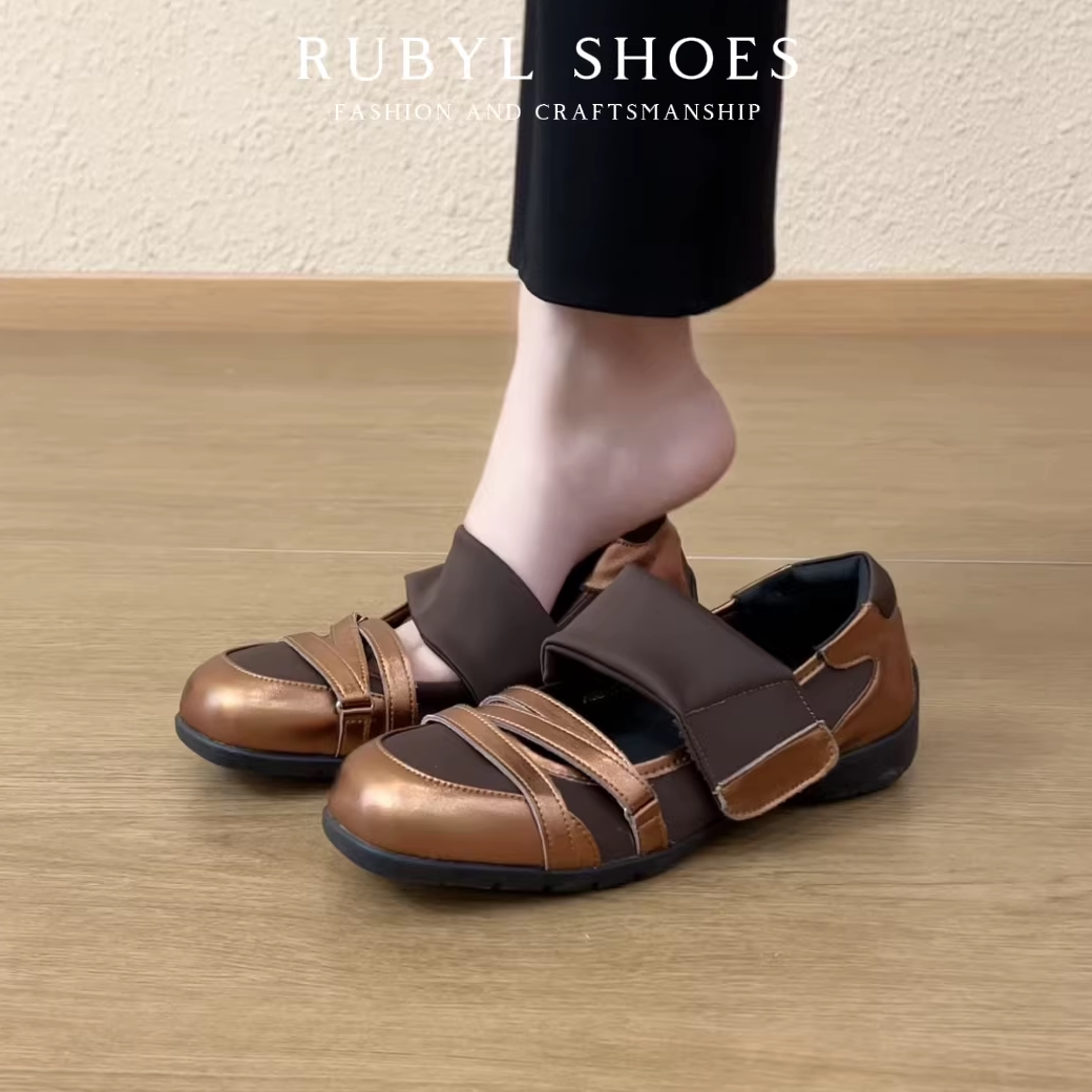 RubyL复古交叉带金属色芭蕾鞋女厚底羊皮舒适303元