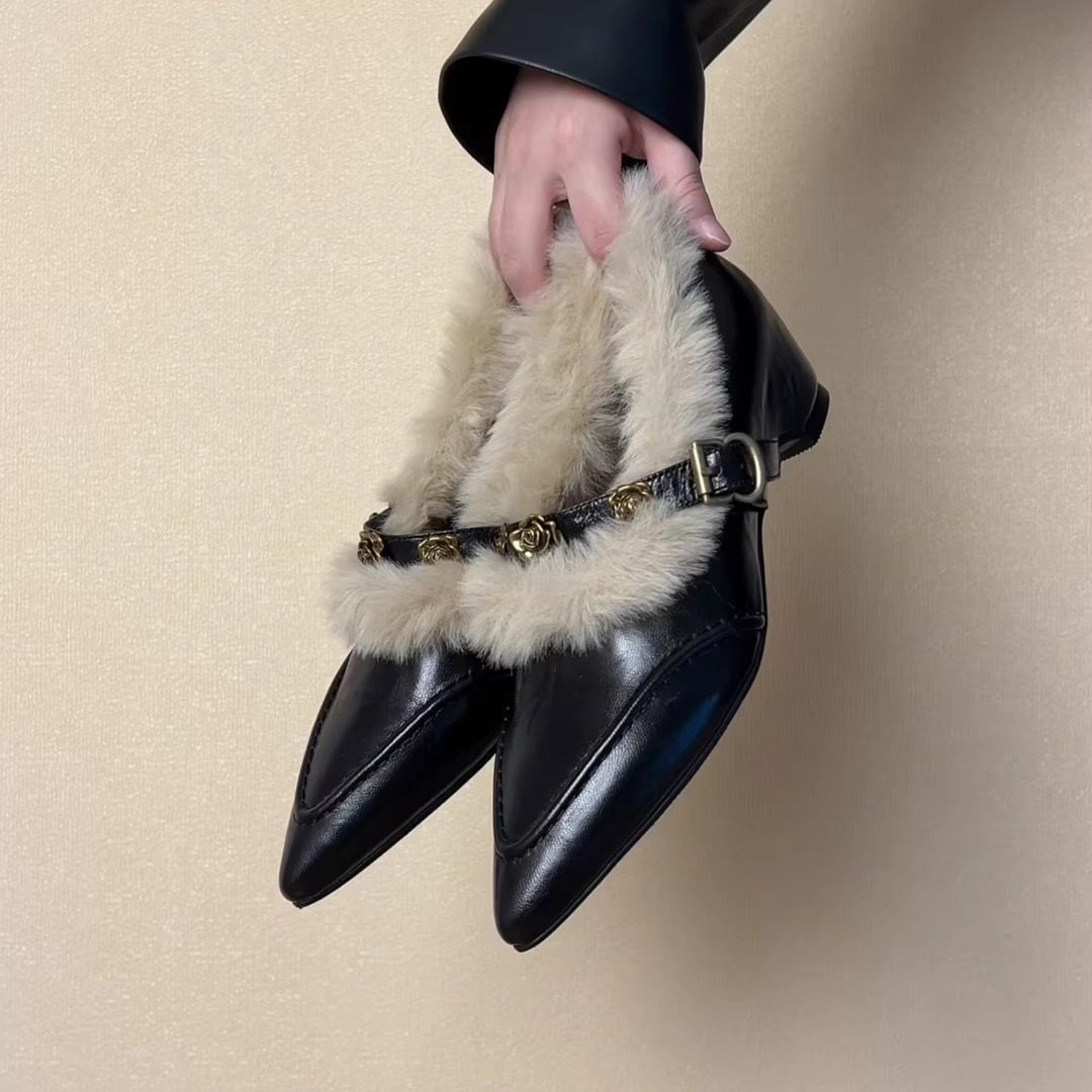 RubyL/4cm内增复古风毛绒乐福鞋女尖头金属扣一脚蹬皮鞋时尚百搭,女鞋,乐福鞋（豆豆鞋）,淘宝优惠券,粉丝福利购,淘宝优惠卷