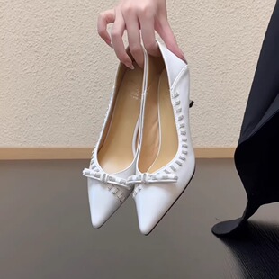 RubyL/5cm法式优雅尖头浅口单鞋女水钻蝴蝶结细跟牛皮高跟鞋绝美