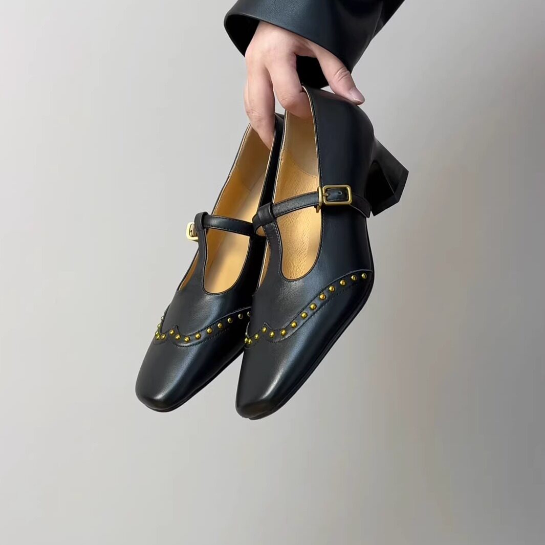 RubyL/4.8cm复古风T字扣铆钉玛丽珍鞋女中跟牛皮浅口单鞋百搭通勤,女鞋,乐福鞋（豆豆鞋）,淘宝优惠券,粉丝福利购,淘宝优惠卷