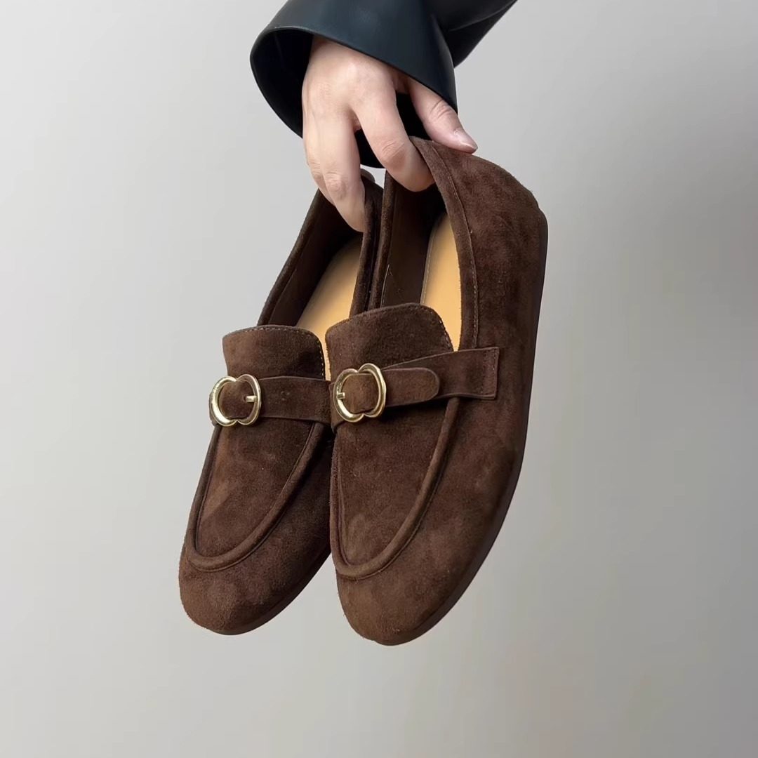 RubyL/1cm羊翻皮乐福鞋女金属扣圆头平底一脚蹬舒适通勤豆豆鞋,女鞋,乐福鞋（豆豆鞋）,淘宝优惠券,粉丝福利购,淘宝优惠卷